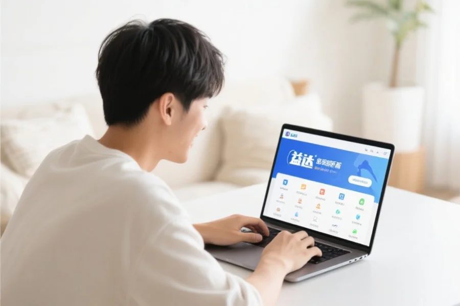 一位年轻用户在明亮舒适的室内环境中愉快地使用笔记本电脑，屏幕上展示众腾客户端新版界面